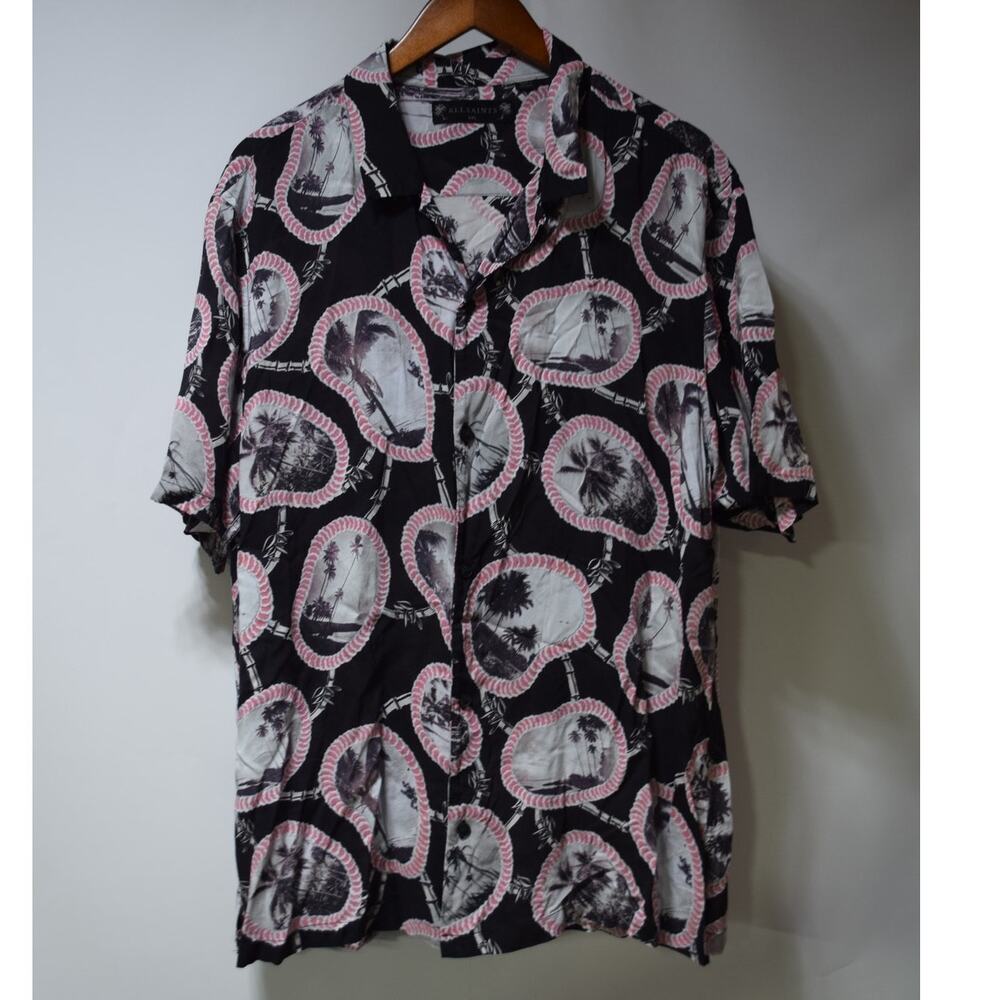 AllSaints Hawaiian Palm Print Camp Collar Shirt Black Pink Men's XXL